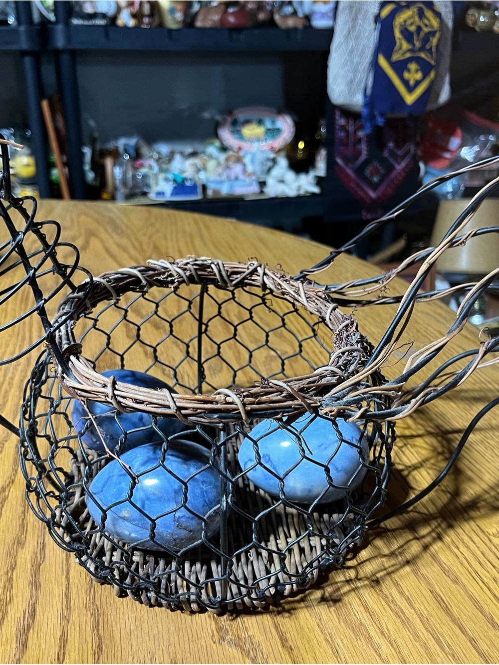 Rustic Wire Basket with Blue Decorative Stone Eggs